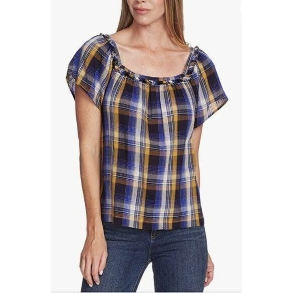 Vince Camuto Womens Coquette Top Size XS Ruffled Glen Plaid Boho Preppy Country